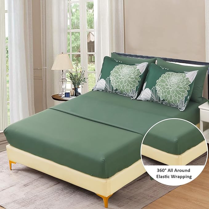 Yiran 7 Pieces King Size Comforter Set,Dark Green Floral Bed in a Bag Comforter and Sheet Set, Soft Microfiber Lightweight Bedding Set for All Season 104"×90"