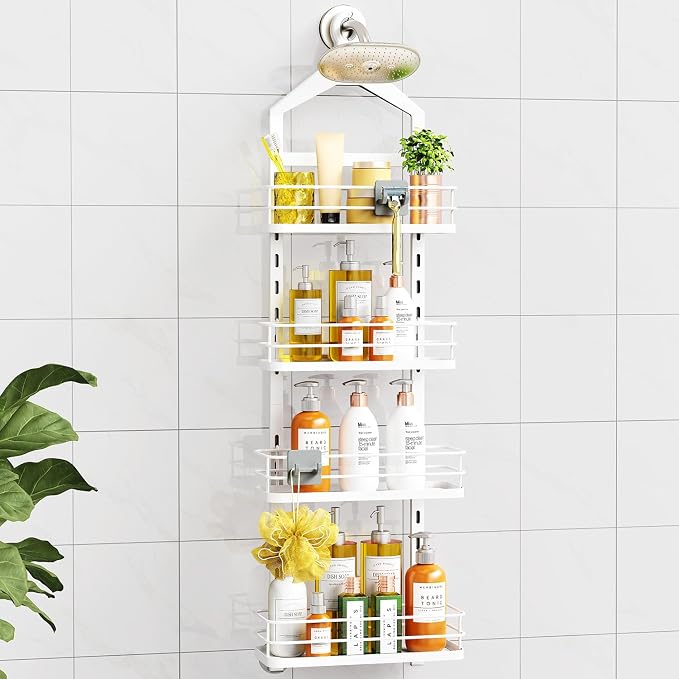 ODesign 4 Tier Height-Adjustable Shower Caddy Hanging Anti-Swing-Over The Shower Head Caddy-Storage Organizer Bathroom Shelves Basket-White by ODesign