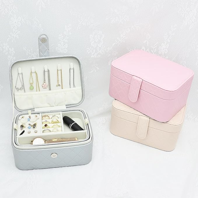 Jewelry Travel Case, 2-Layer Jewelry Box Organizer Medium Jewelry Travel Box, Portable Faux Leather Jewellery Storage Boxes with Argyle for Women, Daily Jewellery Case Home Use (Silver gray) - Image 6