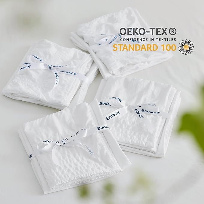 Bedsure Bed in a Bag King - 7 Pieces Plaid Seersucker Bedding Comforter Sets, Soft Lightweight White Boho Bed Set with Comforters King Size, Sheets, Pillowcases & Shams