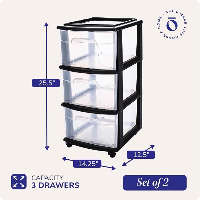 HOMZ 2-Pack Drawer Tower, 3-Tier Clear Plastic Storage Organizer Cart, Black Frame - Organizing Containers with Wheels for Home, Bathroom, Bedroom, Office, and Classroom - Image 3