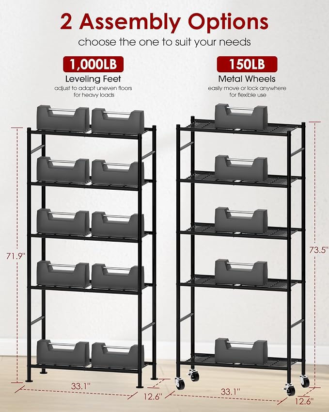 Sakugi Storage Shelves Organizer - 5 Tier Metal Shelf Organizer with Metal Wheels and Adjustable Leveling Feet, Heavy Duty Garage Shelving for Kitchen, Pantry and Closet, 33.1"x12.6"x73.5", Black - Image 3