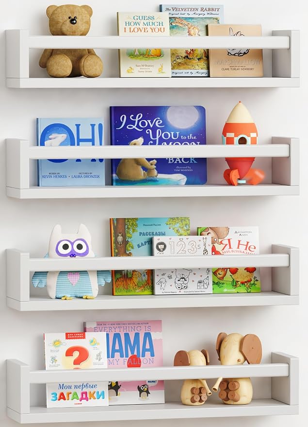 Forbena Floating Nursery Book Shelves for Wall Set of 4, Wall Bookshelf for Kids Room, White Wood Hanging Bookshelves Book Shelf for Baby Toddler Childrens Boy Girl Bedoom Toy and Decor Storage by Forbena