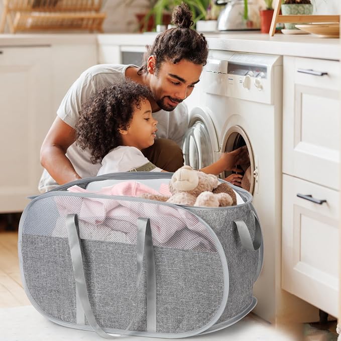 100L Collapsible Laundry Baskets, Tear Proof Pop Up Laundry Hamper with Dual Handles, Large Foldable Laundry Basket, Easy to Carry Laundry Hamper for Home, Laundry Room, Bedroom, Dorm, Travel Grey - Image 2