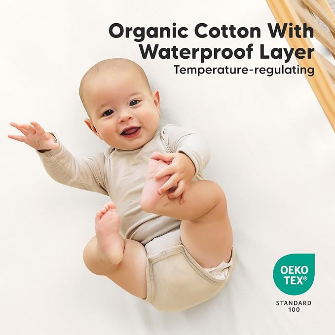 2-Pack Waterproof Crib Sheets for Boys, Girls - 52x28 Fitted Organic Cotton Baby Crib Sheets, Toddler Mattress Protector Cover, Washable, Soft & Durable Baby Bedding Essentials (Soft White)