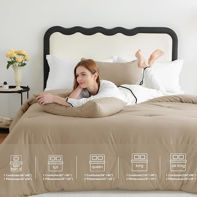 CozyLux Queen Comforter Set Taupe, 3 Pieces Solid Comforters Queen Size Breathable Quilted Bedding Sets, Luxury Soft Lightweight Bed Set with Down Alternative Comforter and 2 Pillowcases All Seasons