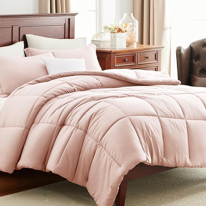 CozyLux King Comforter Set - Blush Pink Comforter King Size, 3 Pieces Box Stitched Bed Set for All Seasons, Soft Lightweight Bedding Sets with 1 Down Alternative Comforter and 2 Pillow Shams