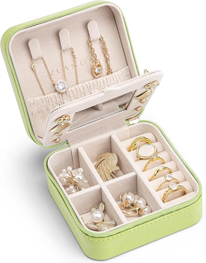 VLANDO Small Travel Jewelry Box Organizer - Girls Women Gift Rings Earrings Necklaces Jewelry Storage Display Case with Mirror Green by VLANDO