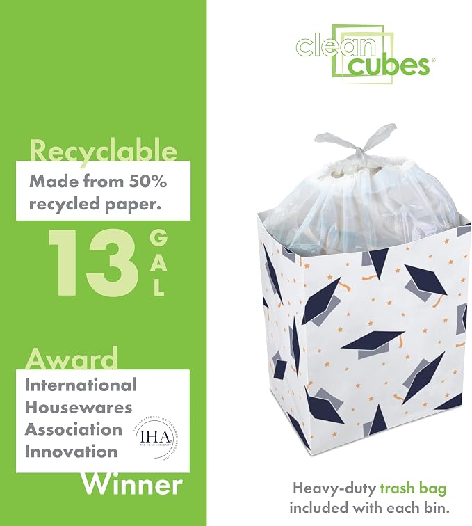 Clean Cubes 13 Gallon Disposable Pop-Up Trash Cans (3-Pack) with Fitted Bags – Foldable Garbage & Recycling Bins for Parties, Events & Kitchen (Graduation, 17" H x 13.5" W x 10" D) - Image 5