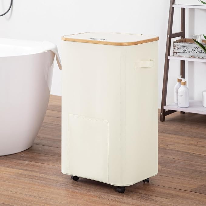 Vincona Laundry Basket with Wheels, Tall Dirty Clothes Hamper on Wheels, Rolling Laundry Hamper with lid for Dorm, Bedroom and Bathroom (Beige, 100L) - Image 5