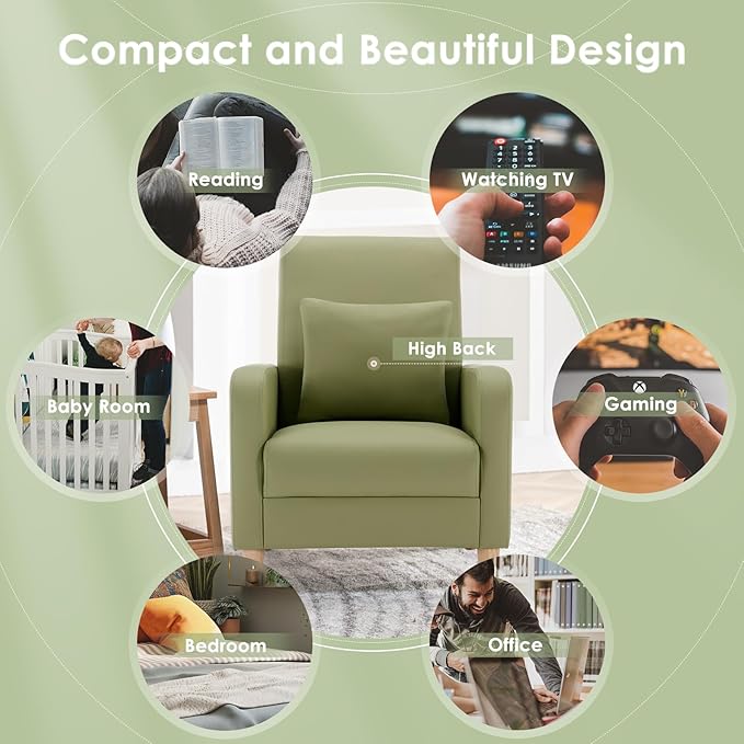 COLAMY Faux Leather Living Room Accent Chair Armchair with Pillow, Reading Side Chair,Single Sofa with Wood Legs, L-Green