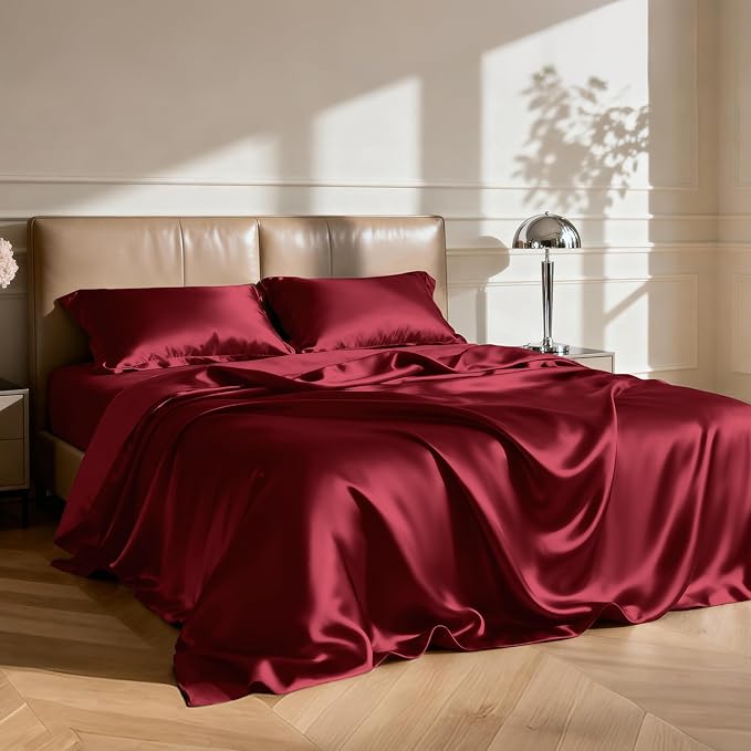 Love's cabin Satin King Sheet Sets - 4 Piece Burgundy Silky Sheets King Size Bed with Deep Pocket, Luxury Silk Feel King Size Satin Sheet Set (1 Flat Sheet,1 Fitted Sheet,2 Pillow Cases)