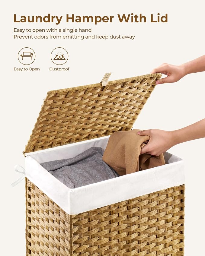 GREENSTELL Laundry Hamper with Lid, 90L Clothes Hamper with 2 Removable Liner Bags & 2 Mesh Laundry Bags, Handwoven Synthetic Rattan Laundry Basket for Clothes, Toys in Bathroom, Bedroom Natural - Image 5