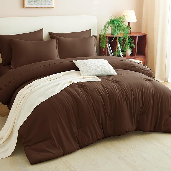 CozyLux Queen Comforter Set Brown, 7 Pieces Bed in a Bag Queen Comforter Set with Sheets, Luxury Soft Bedding Sets with Down Alternative Comforter, Fitted Sheet, Flat Sheet, Pillowcases & Shams