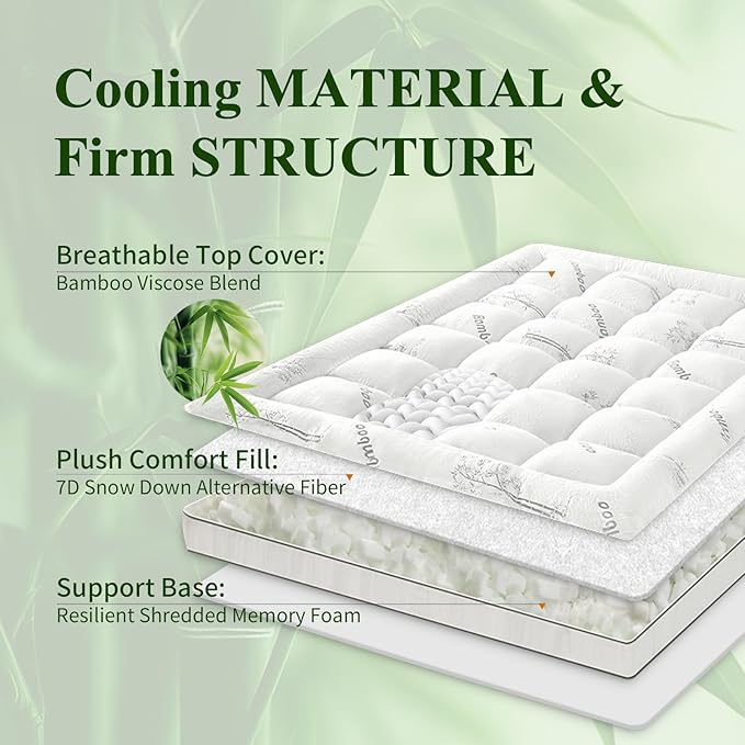 Memory Foam Mattress Topper - Viscose Made from Bamboo Pillow Top Thick Full Size Mattress Pad for Back Pain, Ultra Soft & Cooling for Hot Sleepers, 6-18'' Deep Pocket, White
