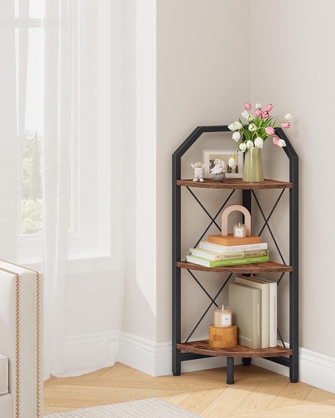 CHOEZON 3-Tier Corner Shelf, Industrial Corner Bookshelf, 35.4" Storage Stand, Plant Stand Display Shelf, Bookcase for Bedroom, Living Room, Home Office, Rustic Brown and Black TCJ03BF - Image 6