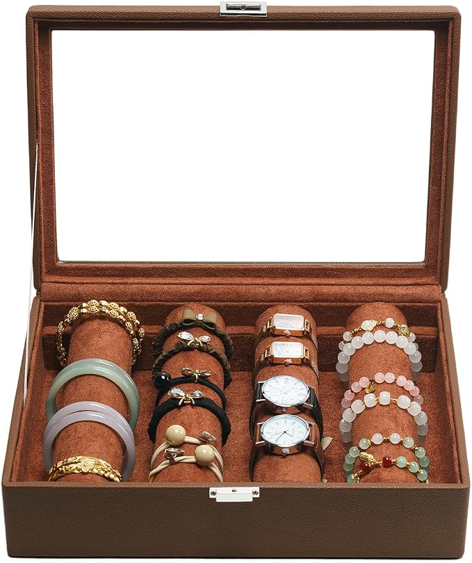 Bracelets Organizer Rods Bangles Display Holder, Clear See through Lid Leather Velvet Jewelry Storage Box Case for Women, 4 Rods Brown Leather by XHMQYCMakesAllBetter%E2%80%94LetGo
