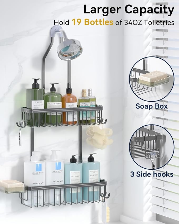 YASONIC Shower Caddy Hanging, Never Rust Shower Organizer Hanging, Aluminum Shower Racks for Inside Shower with Hooks for Razor, Bathroom Organizers and Storage with Soap Holder, Grey - Image 3