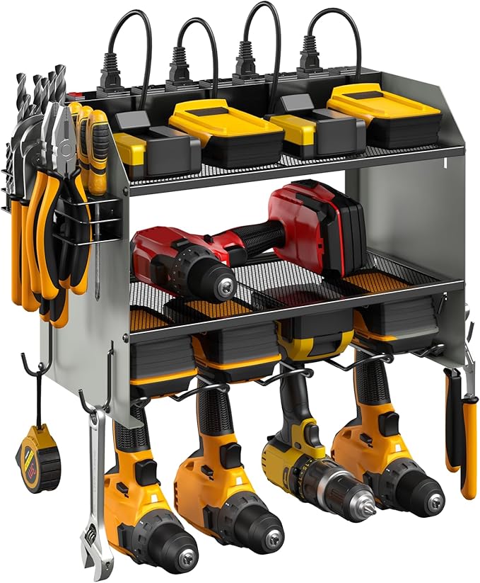 CCCEI Modular Power Tool Organizer Wall Mount with Charging Station. Garage Drill Storage Shelf with Hooks, Heavy Duty Rack, Tool Battery Holder Built in 8 Outlet. Gift for Men. Grey, 1 Pack. by CCCEI
