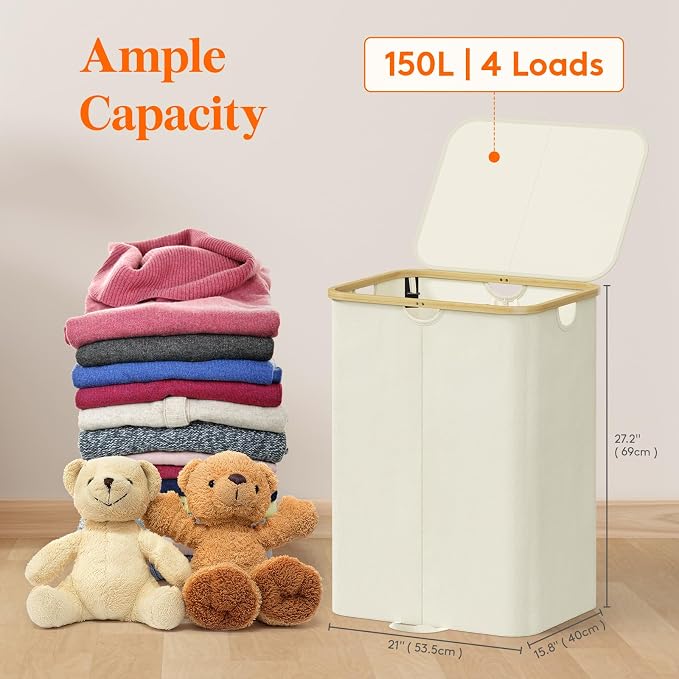 Lifewit 150L Double Laundry Hamper with Lid, Large Laundry Basket with Removable Bag & Bamboo Handles, Fodable Tall Dirty Clothes Hamper for Laundry Collapsible Bin for Bathroom Bedroom Dorm, Beige - Image 2
