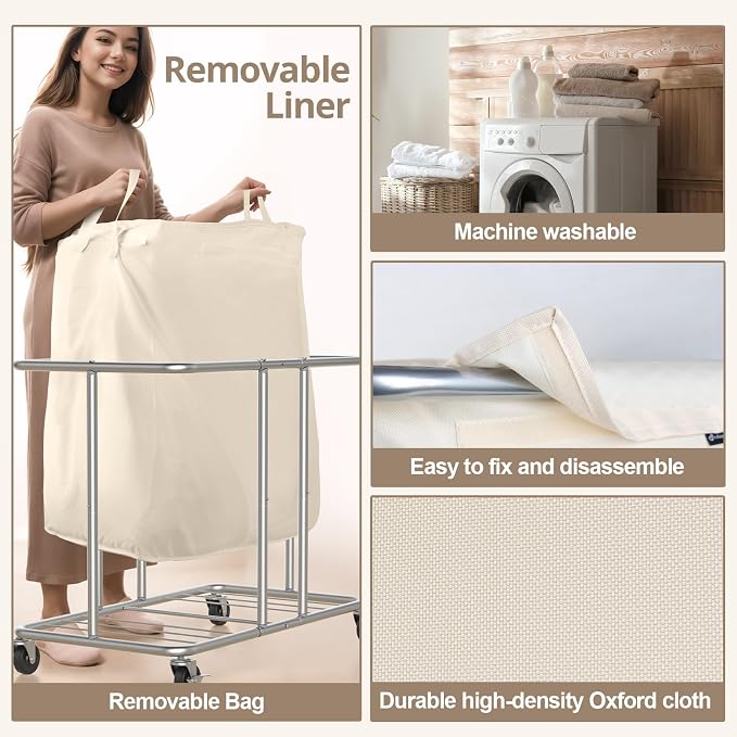 Hodonas 230L Rolling Laundry Hamper, 2-Section Laundry Basket with Wheels, 61 Gallons Laundry Sorter with Metal Structure and Removable Liner, Clothes Hamper for Laundry Room, Bathroom, Bedroom, Beige - Image 4