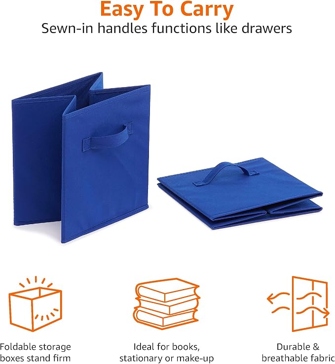 Amazon Basics Collapsible Fabric Storage Bins with Handles, Cube Organizer for Home Organization, 10.5"x10.5"x11", Navy, 6-Pack - Image 4