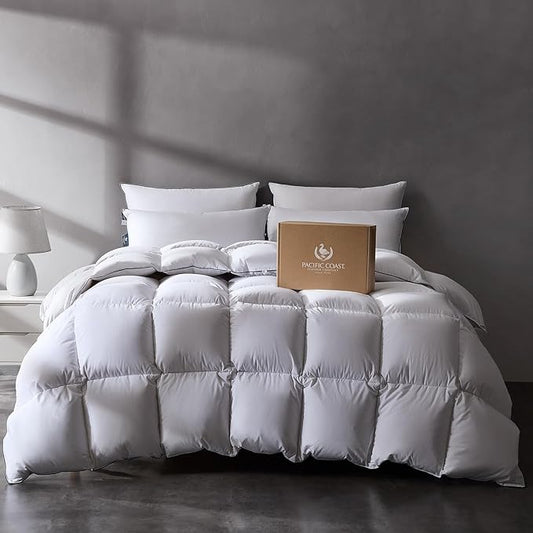 Pacific Coast Luxury White Goose Feather Down Fiber Comforter Twin Size, All Season Hotel Collection Duvet Insert, Ultra Soft, Breathable Bedding Comforter with 8 Corner Tabs, 68x90 Inch White