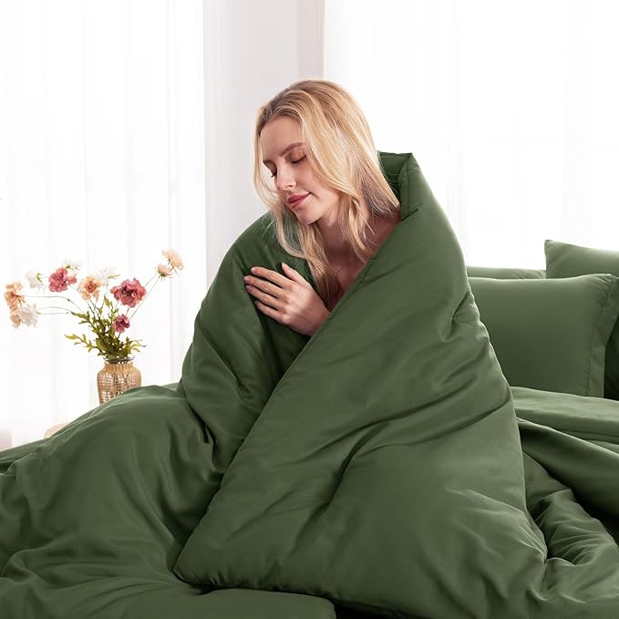 CozyLux Queen Comforter Set Olive Green, 7 Pieces Bed in a Bag Queen Comforter Set with Sheets, Luxury Soft Bedding Sets with Down Alternative Comforter, Fitted Sheet, Flat Sheet, Pillowcases & Shams