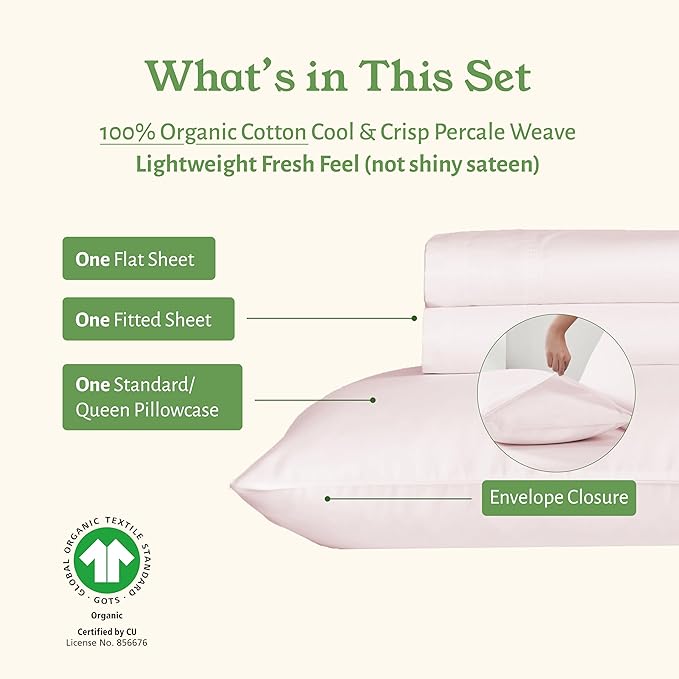 California Design Den Soft 100% Organic Cotton Sheets Twin XL Size Set - Soft and Crisp Percale, Twin XL Sheet Sets with Deep Pockets, Breathable and Durable Bedding (Pink - Chalky Tone)