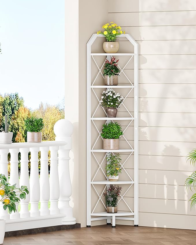 CHOEZON 6-Tier Industrial Corner Shelf, 71.2" Corner Storage Stand, Plant Stand Display Shelf, Corner Bookcase for Bedroom, Living Room, Home Office, White TCJ11WB - Image 7