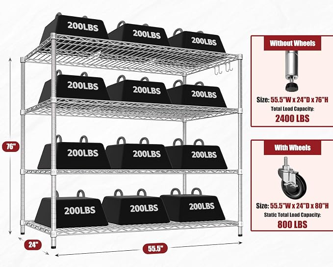 PrimeZone 4 Tier 55.5" Wx24 Dx76 H Wire Shelving with Wheels 2400lbs NSF Certified Storage Shelves Heavy Duty Metal Shelf Adjustable Rolling Rack Commercial Garage Restaurant Warehouse Kitchen Chrome - Image 3
