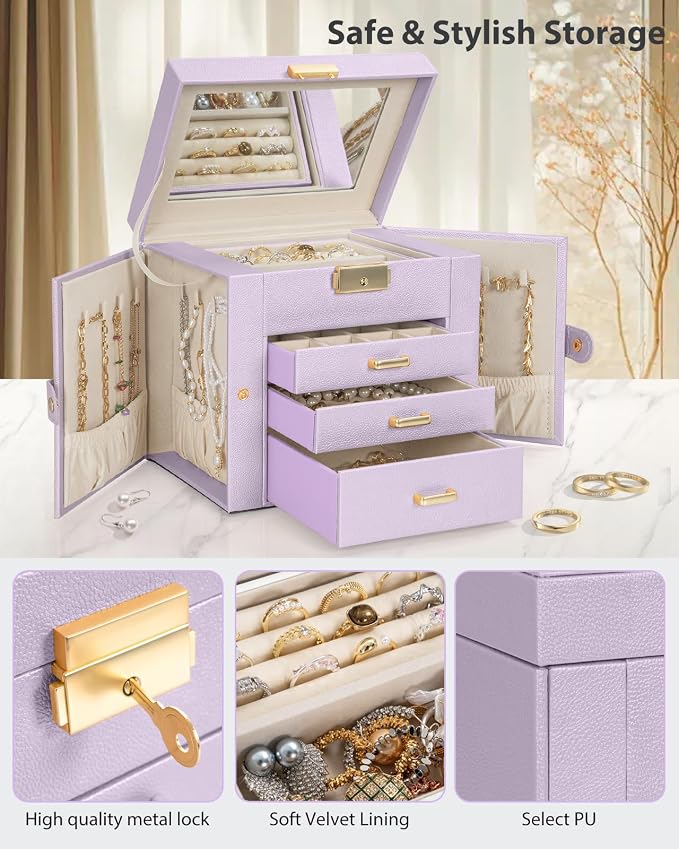AKOZLIN 4-Tier Jewelry Box Leather Jewelry Storage Organizer with 3 Drawers Lockable for Women Girls Ring Necklace Earring Bracelet Holder with Mirror Purple - Image 6