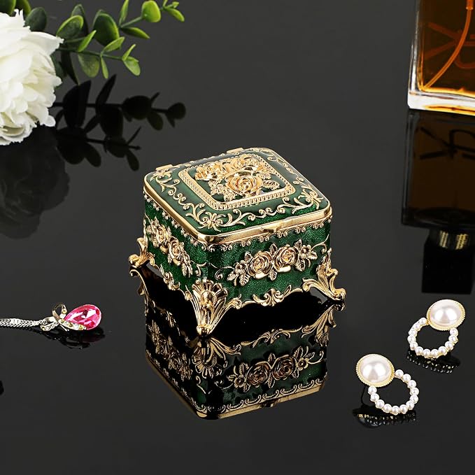 Hipiwe Vintage Jewelry Box Small Trinket Storage Organizer Box Gold Metal Chest Ring Case Treasure Chest Square Keepsake Boxes for Earrings Necklace Gift for Women,Green - Image 3