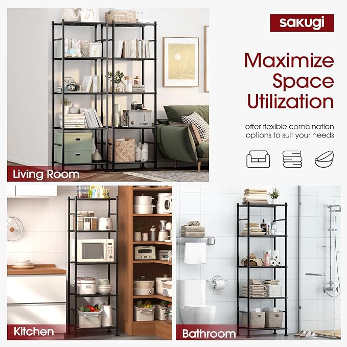 Sakugi Storage Shelves - Set of 2, 5-Tier Metal Shelf Organizer, Space-Saving Garage Shelving with Leveling Feet, Standing Shelves Organizer for Kitchen, Laundry, Pantry (18.4" x 12.6" x 57.4", Black) - Image 7