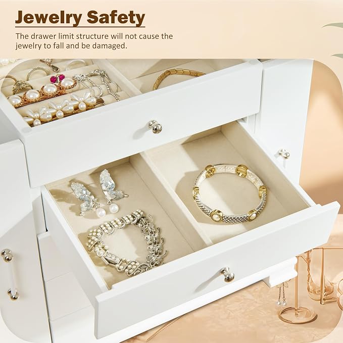 White 5 Layer Huge Jewelry Box,Top With Mirror Wooden Jewelry Organizer Box,With 8 Hook And Velvet Lining Antique Jewelry Box For Women,For Watch Necklace Ring Earring Storage Gifts - Image 5