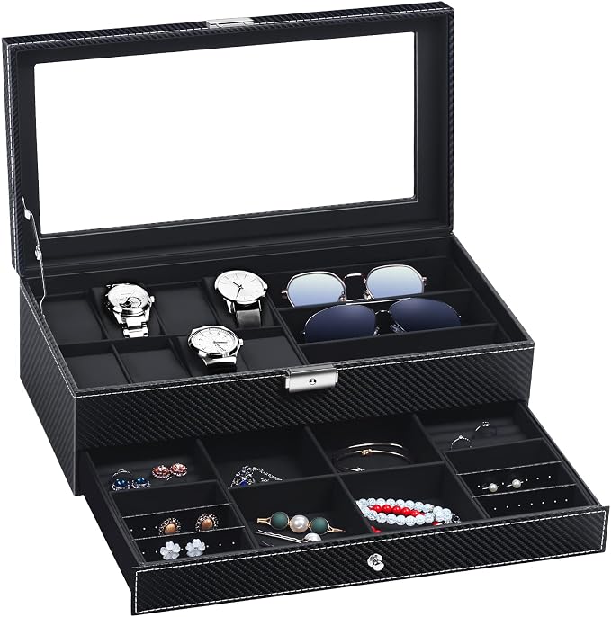 TomCare Watch Box Watch Case Watch Holder Organizer Jewelry Case Drawer Sunglasses Display Box Storage Earrings Storage Organizer Lockable with Glass Top and PU Leather for Men Women (All Black) by TomCare