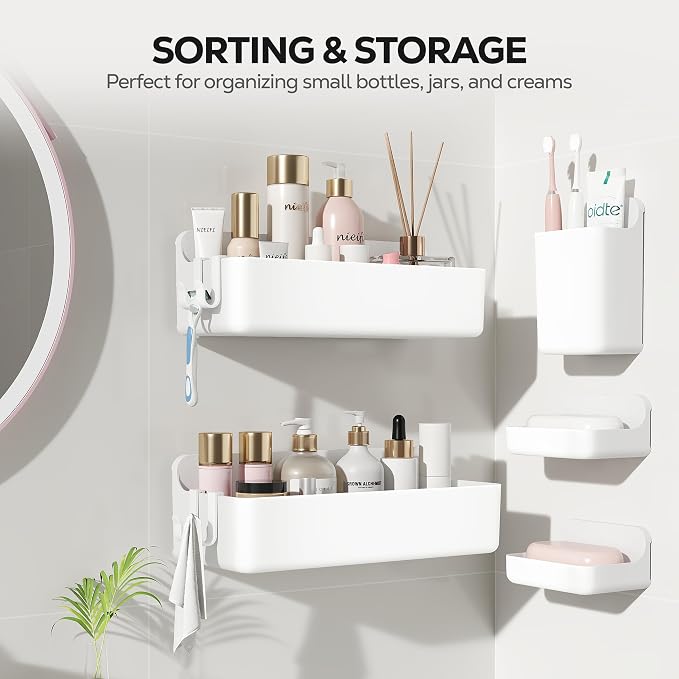 Nieifi Adhesive Wall Shelf, Shower Shelves 5 Pack with Soap Holder, Shower Organizer for Bathroom Organization, White - Image 3