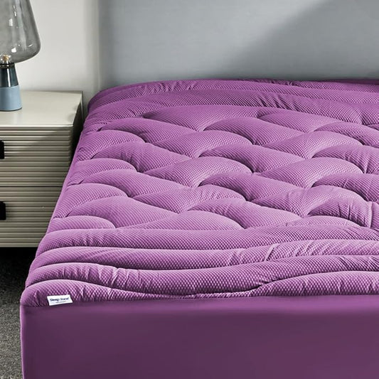 SLEEP ZONE Cooling Twin Mattress Topper for Single Bed, Premium Zoned Quilted Mattress Pad, Fitted Mattress Protector Cover, Machine Wash Durable, Deep Pocket 8-21 inch, Purple, Twin