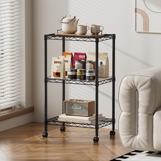SINGAYE 3 Small Shelves Storage Shelf Wire Shelving Unit Metal Shelf Adjustable Organizers Storage Shelving with Wheels for Bathroom Laundry Room Kitchen Pantry11.5”D x 17.3”W x 30”H Black - Image 2