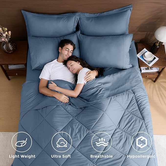 HEVUMYI Dusty Blue Twin Comforter Set - 5-Piece All Season Bed in a Bag Twin, Ultra Soft Bedding Set with Comforter, Flat Sheet, Fitted Sheet, Pillowcases, Pillow Shams