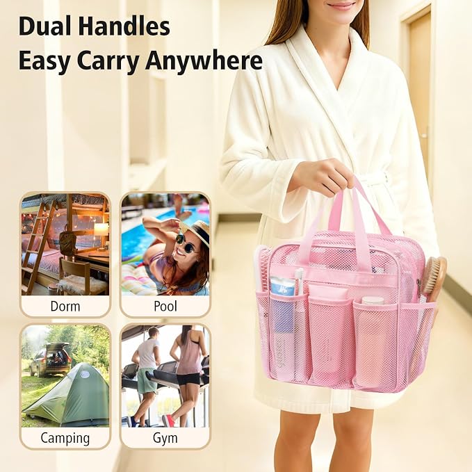F-color Mesh Shower Caddy Portable with Zipper - Upgrade Deeper 7 Pockets Dorm Room Essentials for Guys Girls with S Hook, Shower Bag Basket Tote for College Camping Toiletry Bathroom, Pink - Image 7