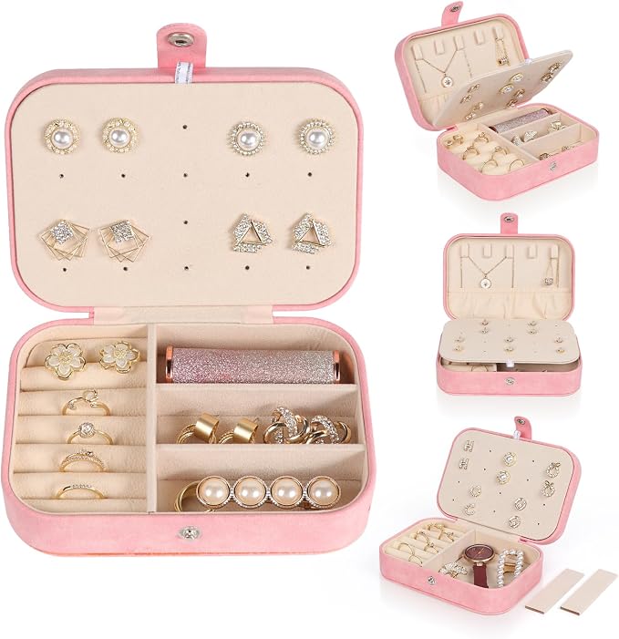 Hatori Travel Jewelry Box, PU Leather Small Jewelry Organizer for Women Girls, Portable Mini Travel Case Display Storage Holder Boxes for Stud Earrings, Rings, Necklaces, Bracelets (Pink Beige) - Image 7