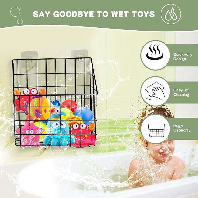 Greentainer 2 Pack Bath Toy Storage Organizer, Large Rustproof Metal Wire Basket, Wall Mounted Hanging Bathtub Holder, Bathroom Shower Caddy for Tub Toys & Toiletries - Image 3