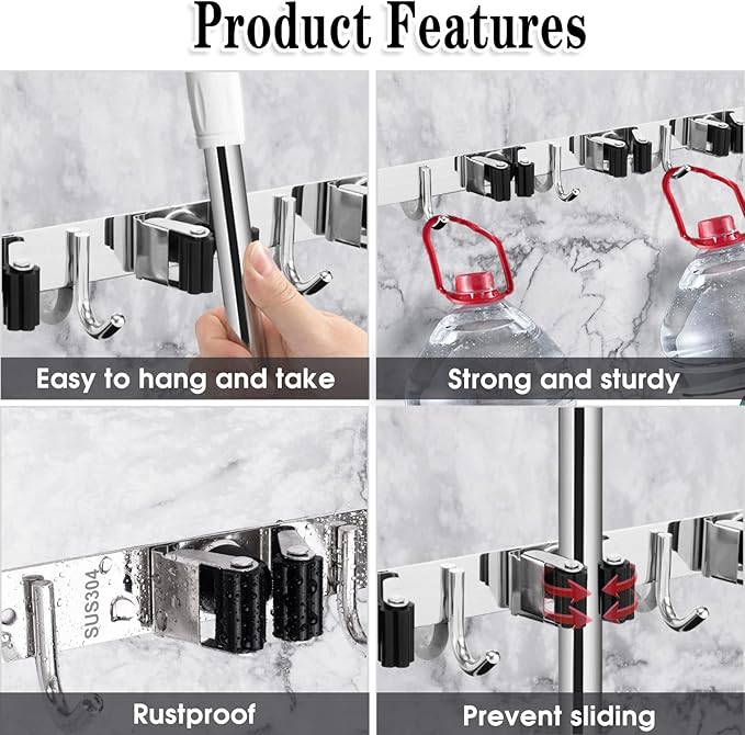 2 Pack Mop and Broom Holder Wall Mount, 5 Racks and 4 Hooks Broom Organizer Storage Tool Racks Stainless Steel Heavy Duty Hooks Self Adhesive Solid Non-slip for Home Kitchen Garden Laundry Garage - Image 2