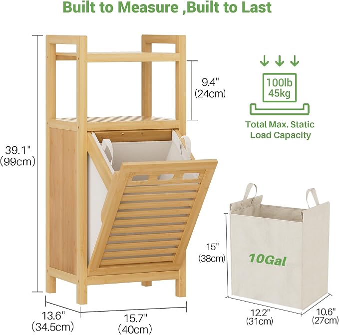 Homykic Tilt Out Laundry Hamper, 10 Gal Bamboo Laundry Storage Cabinet with Removable Basket, Hidden Hamper Organizer with Shelf for Dirty Clothes, Bathroom, Laundry Room, Space Saving, Natural - Image 7