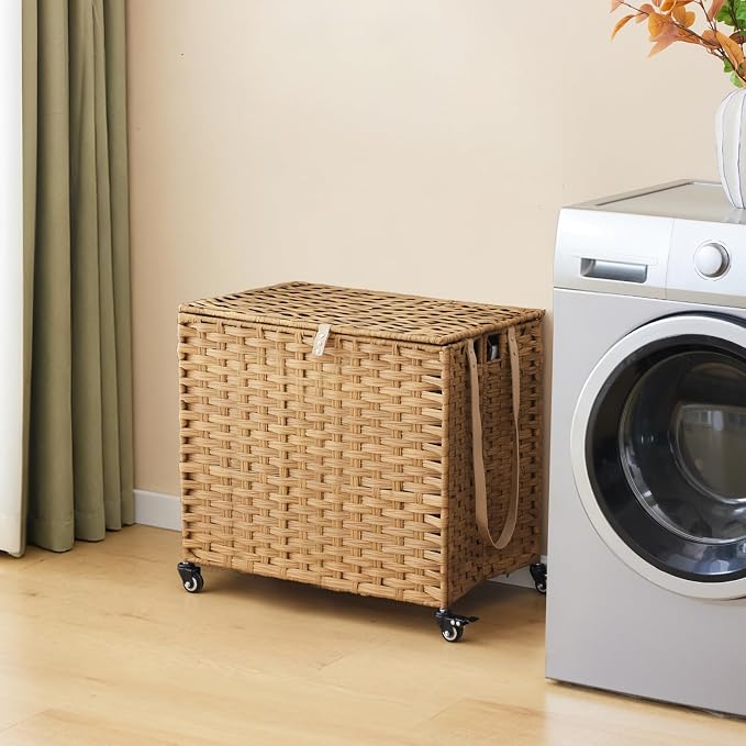 Laundry Hamper with Wheels, 34.3 Gallon(130L) Rolling Laundry Basket with Lid, 3-Section Rattan Clothes Hamper with 3 Removable Liner & 3 Mesh Bags, Laundry Sorter with Side Pocket, Natural - Image 2