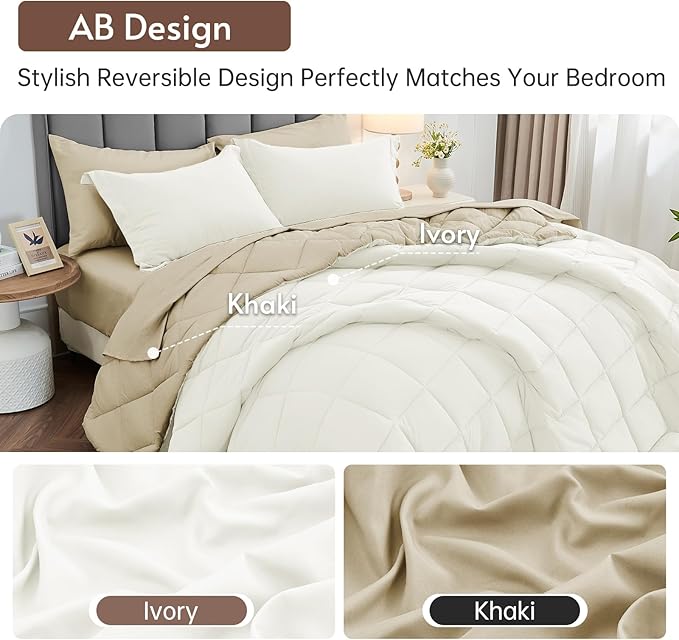 MUXHOMO 5 Pieces Twin Comforter Set, Reversible Bed in a Bag Twin Size, All Season Bedding Set with Comforter, Flat Sheet, Fitted Sheet, Pillowcases & Shams, Ivory & Khaki