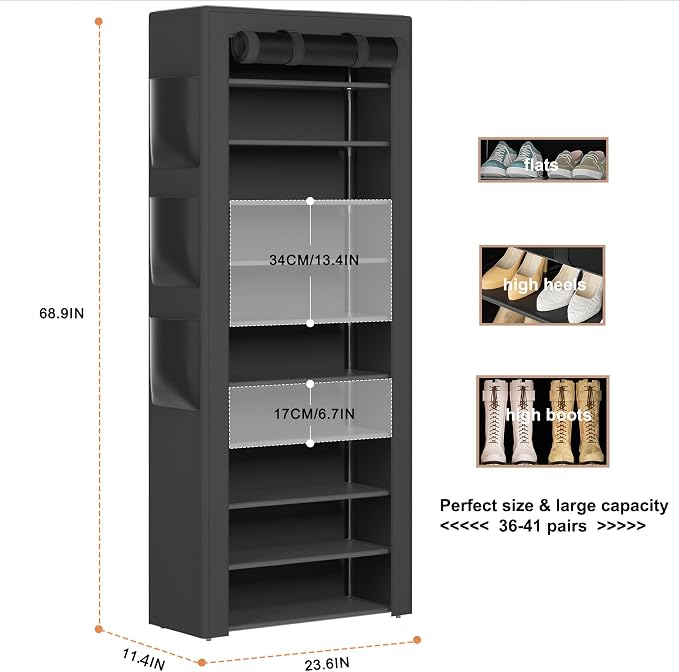 OYREL Large Shoe Rack, Black, 6 Side Pockets, 23.6" Wide x 11.4" Deep x 68.9" Tall, 36-41 Pairs of Shoes - Image 5
