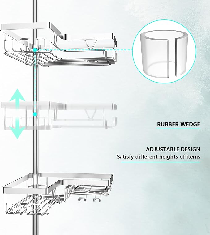 DAOYA Shower Caddy Tension Pole - Corner Shower Shelves with Soap Holder Bathroom Shower Organizer for Tub (Stainless Steel, Silver, Floor to Ceiling 25-114.2 inch) - Image 2