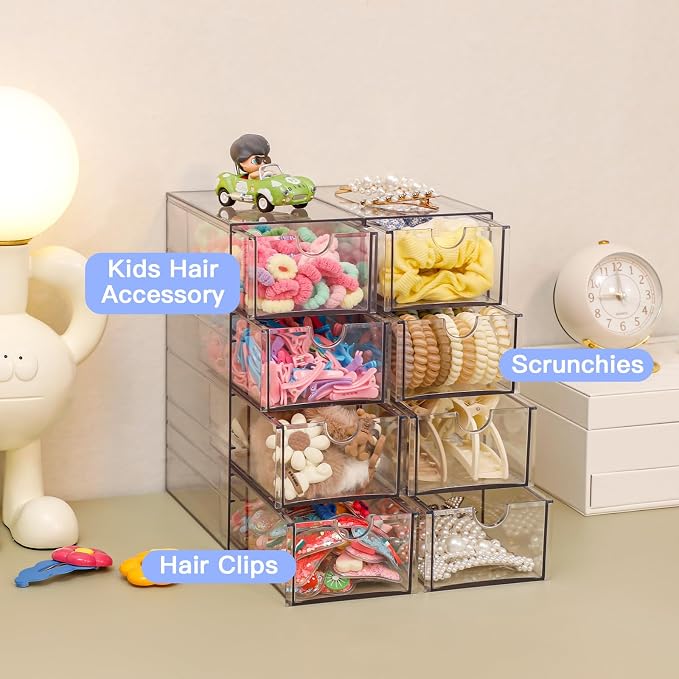 FABROK Clear Hair Accessory Organizer Box with 4 Drawers, Compact Storage Organization Drawers Set for Cosmetics, Glasses, Stationery, Stackable Storage Containers Box for Bathroom, Closet, Desk, Office - Image 5